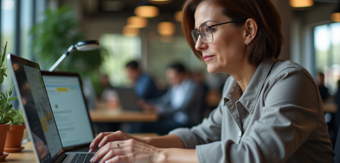 Femme d'âge moyen utilisant un ordinateur dans un espace de coworking