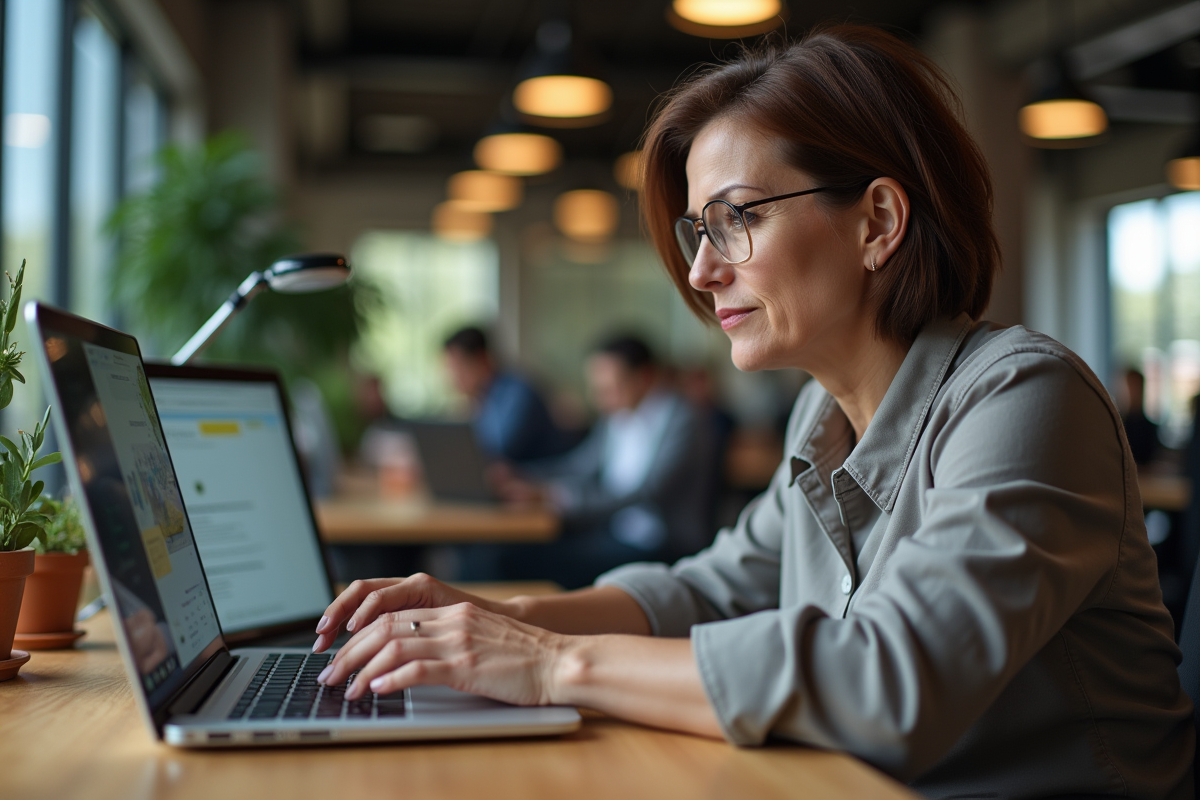 Femme d'âge moyen utilisant un ordinateur dans un espace de coworking