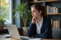 Jeune femme au bureau regardant un message d'erreur sur son ordinateur