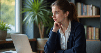 Jeune femme au bureau regardant un message d'erreur sur son ordinateur