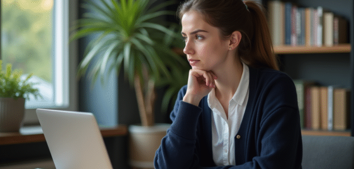 Jeune femme au bureau regardant un message d'erreur sur son ordinateur