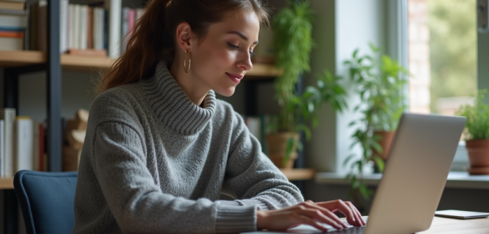 Femme en bureau moderne vérifiant ses fichiers dans un espace cosy