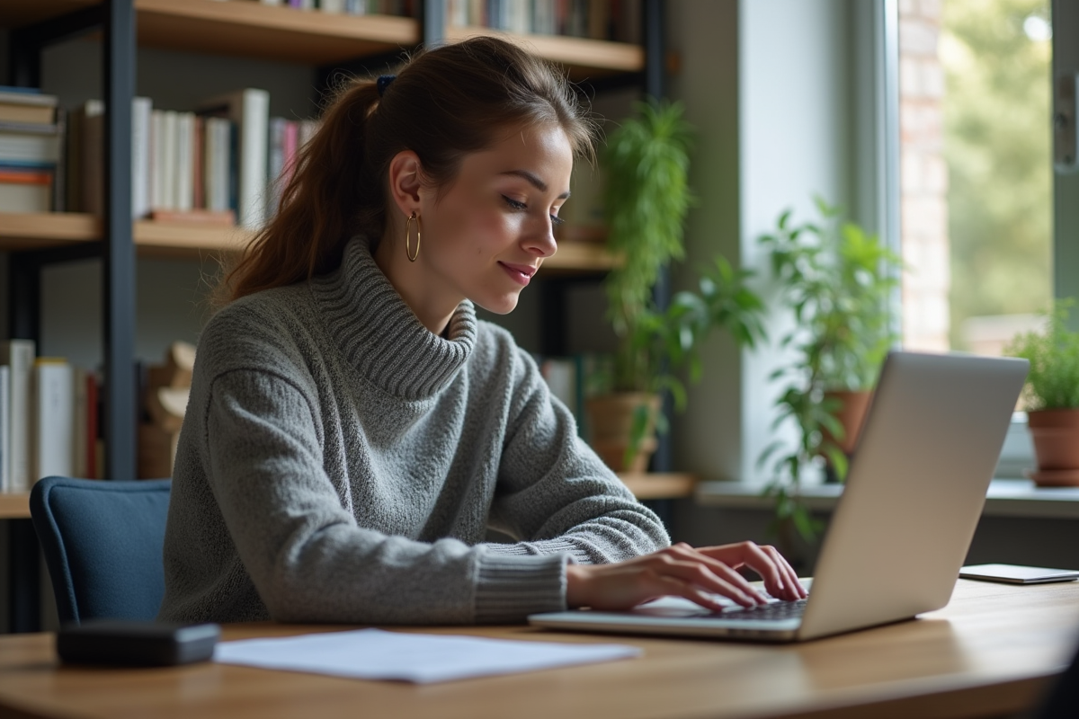 Femme en bureau moderne vérifiant ses fichiers dans un espace cosy