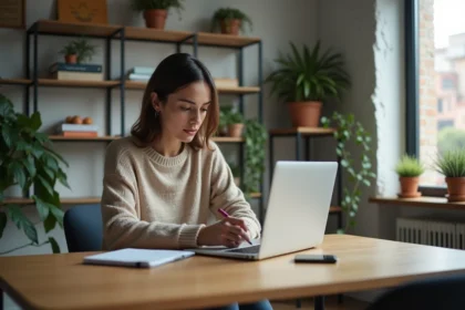 Femme concentrée dans son bureau moderne avec ordinateur et plantes