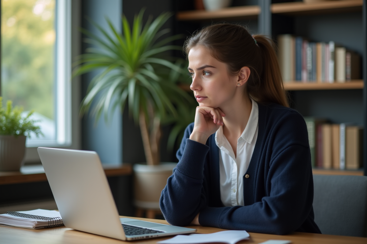 Jeune femme au bureau regardant un message d'erreur sur son ordinateur