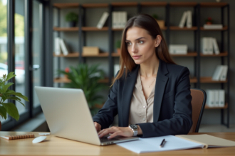 Femme professionnelle travaillant sur un PDF sur son ordinateur