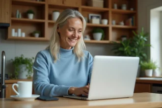 Femme souriante utilisant un ordinateur dans sa cuisine chaleureuse