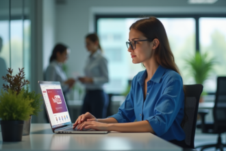 Jeune femme au bureau regardant une pub YouTube