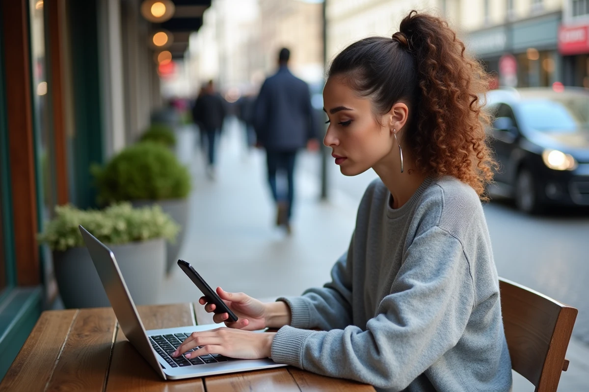 Femme au café utilisant un ordinateur portable et un smartphone