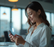 Jeune femme professionnelle utilisant un chatbot sur son smartphone