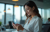Jeune femme professionnelle utilisant un chatbot sur son smartphone