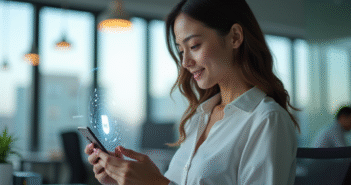 Jeune femme professionnelle utilisant un chatbot sur son smartphone
