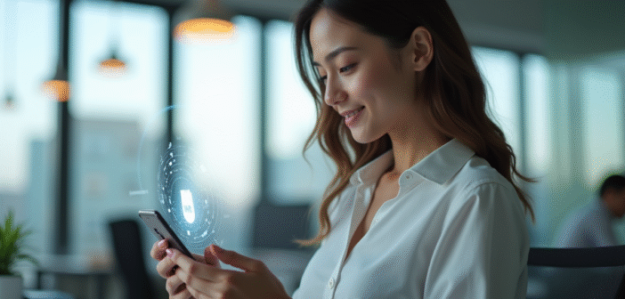 Jeune femme professionnelle utilisant un chatbot sur son smartphone