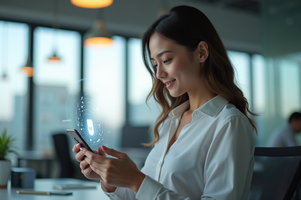 Jeune femme professionnelle utilisant un chatbot sur son smartphone
