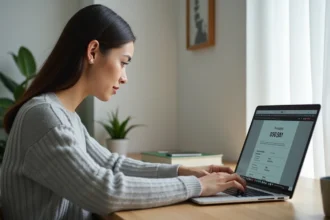 Femme utilisant un compteur de caractères en ligne sur son ordinateur portable dans un bureau à domicile moderne