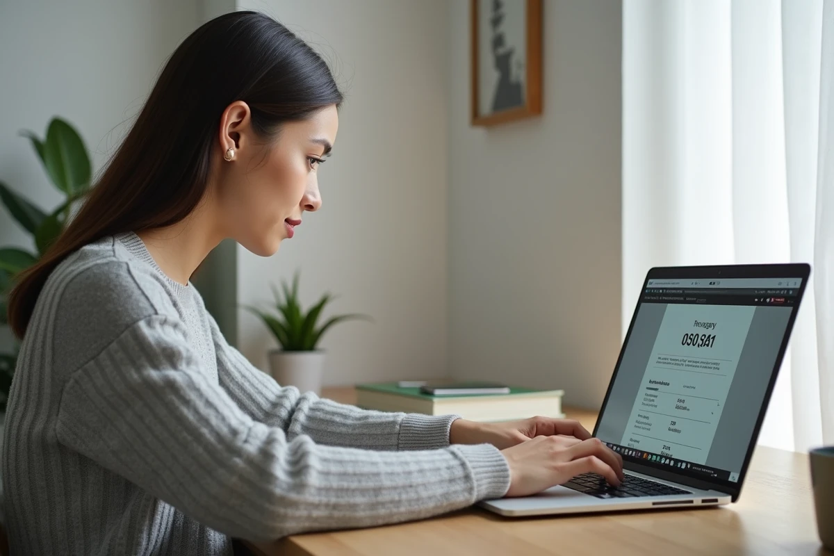 Femme utilisant un compteur de caractères en ligne sur son ordinateur portable dans un bureau à domicile moderne