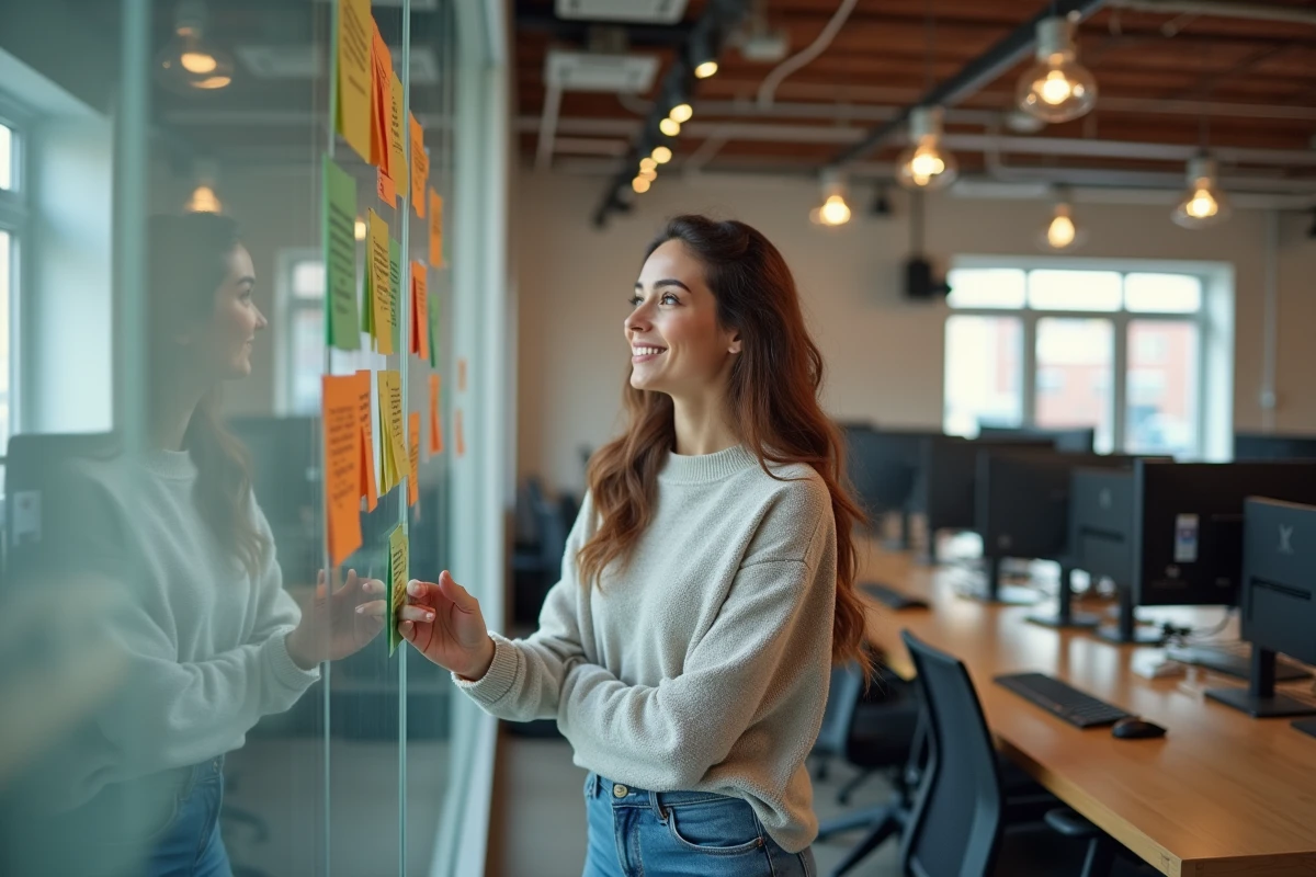 Femme souriante près de tableaux de notes et schémas techniques