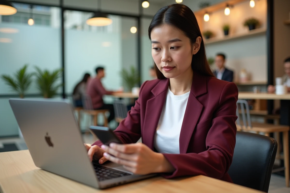 Femme créatrice de contenu retouchant des photos sur iPhone Pro Max dans un café moderne avec MacBook