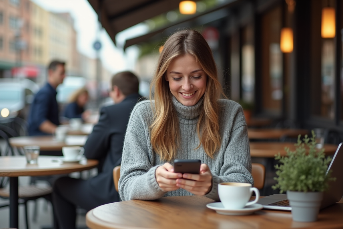Femme développeuse souriante vérifiant son salaire sur smartphone