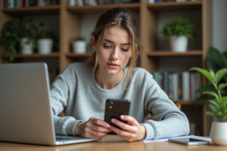 Jeune femme concentrée entrant un code sur son smartphone dans un bureau