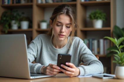 Jeune femme concentrée entrant un code sur son smartphone dans un bureau