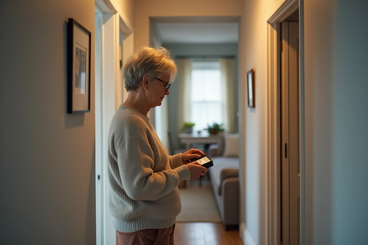 Femme vérifiant l’étiquette de son routeur WiFi dans le couloir