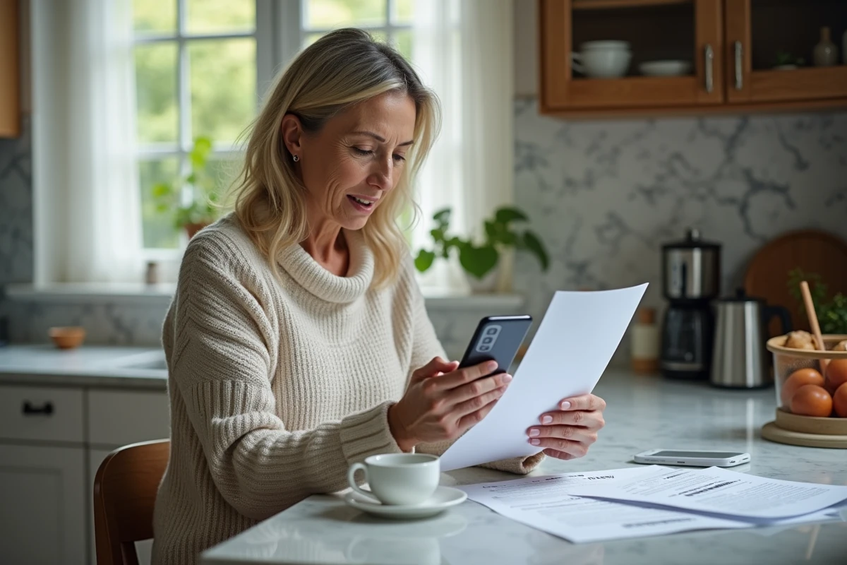 Femme dans la cuisine regardant son smartphone avec une instruction réseau
