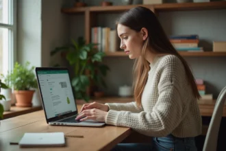 Jeune femme utilisant WhatsApp Web sur son ordinateur portable