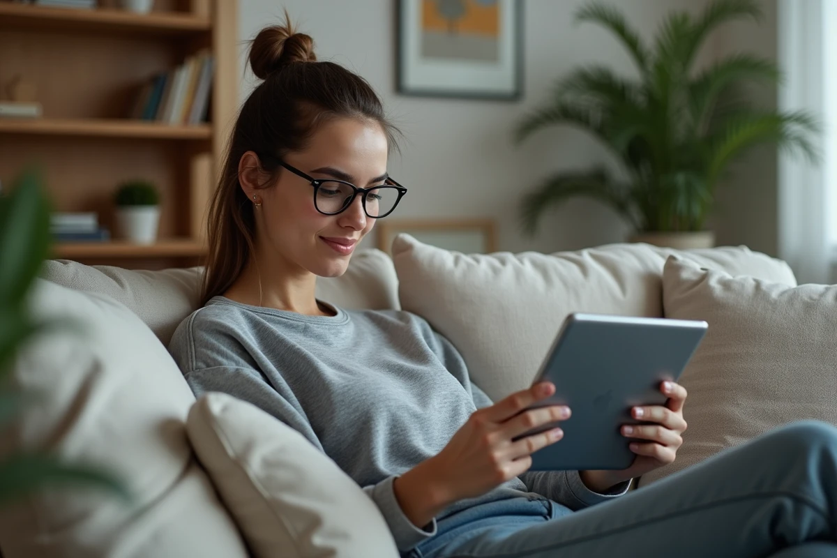 Jeune femme détendue sur canapé avec une tablette en main