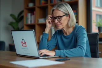 Femme d'âge moyen frustrée devant son ordinateur portable dans un bureau moderne