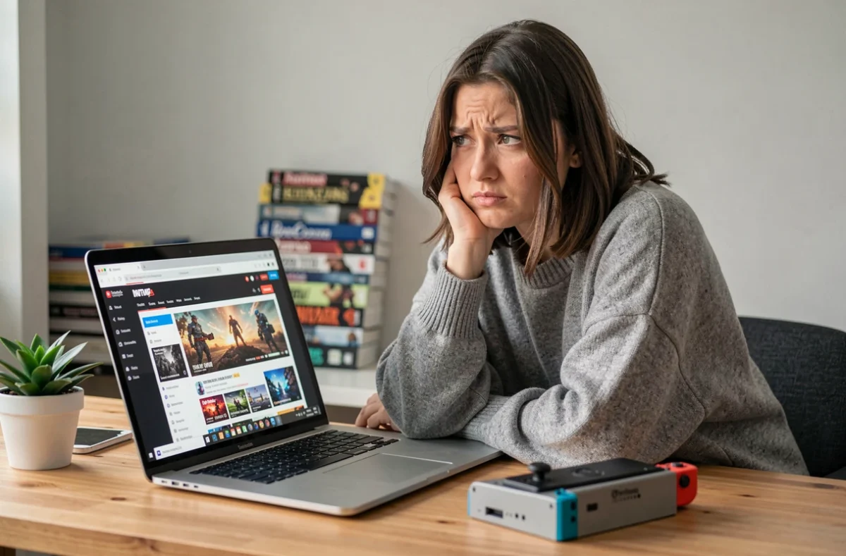 Femme devant un ordinateur portable consultant un forum sur les ROMs Nintendo Switch et la légalité du téléchargement de jeux