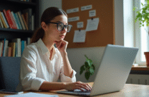 Jeune femme concentrée sur son ordinateur pour choisir un nom de domaine