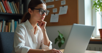 Jeune femme concentrée sur son ordinateur pour choisir un nom de domaine