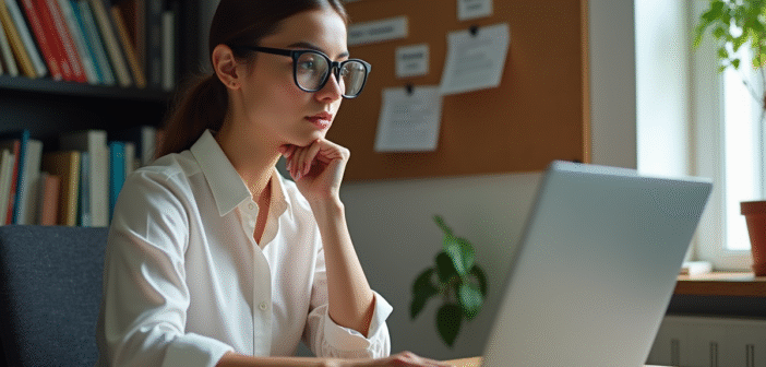 Jeune femme concentrée sur son ordinateur pour choisir un nom de domaine