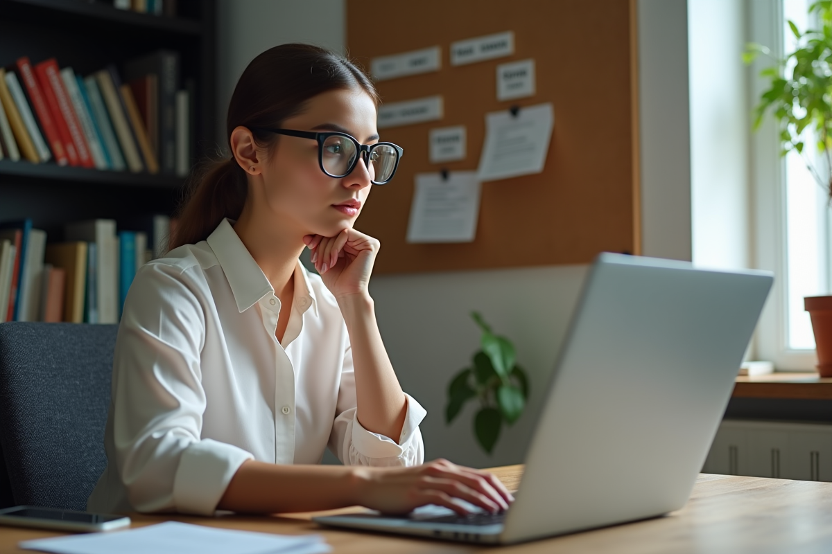 Jeune femme concentrée sur son ordinateur pour choisir un nom de domaine