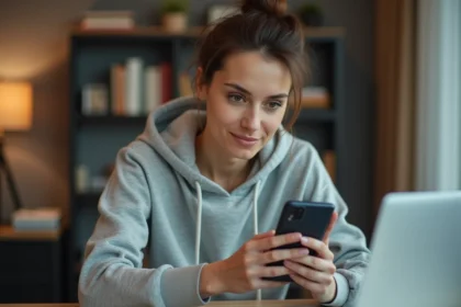 Femme paramétrant la sauvegarde automatique Samsung Cloud sur son smartphone Galaxy dans un bureau à domicile