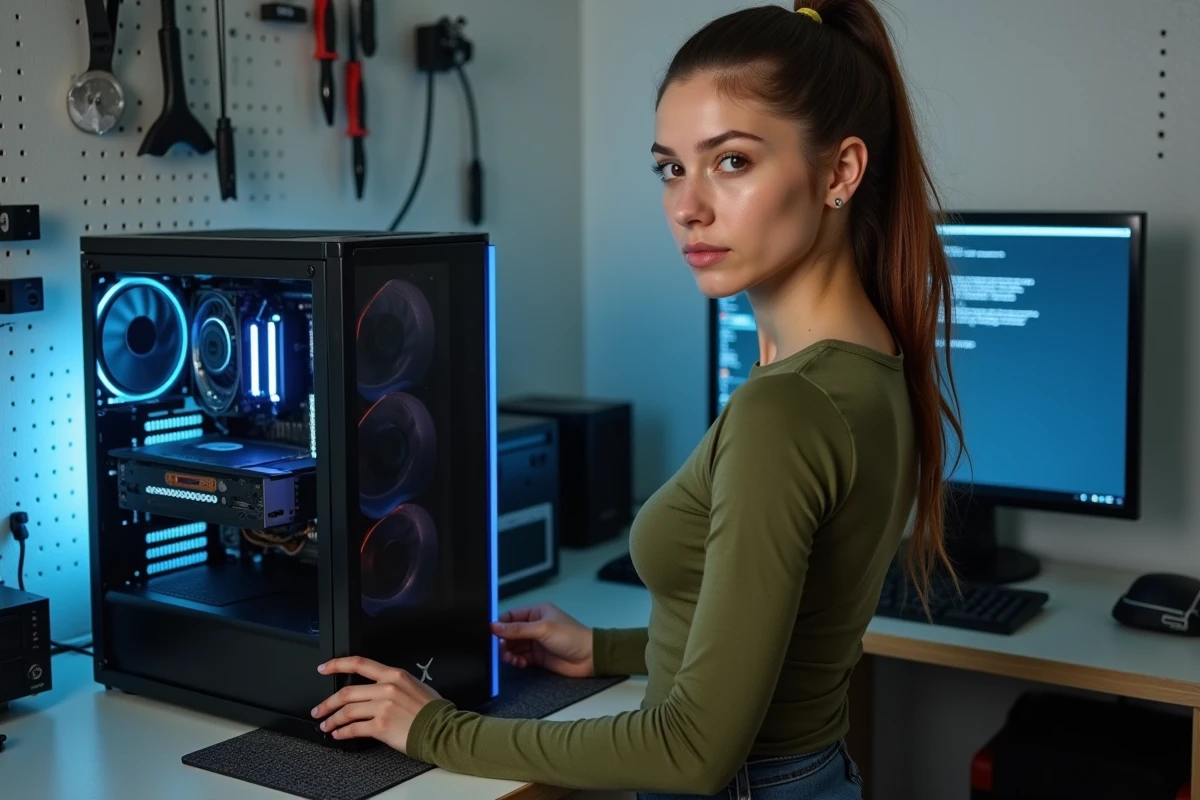 Jeune femme inspectant un PC gaming ouvert avec les réglages Windows de plan d'alimentation visibles en arrière-plan sur un écran