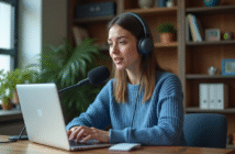 Jeune femme parlant dans un micro en home office