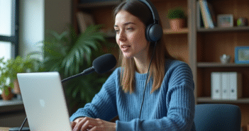 Jeune femme parlant dans un micro en home office