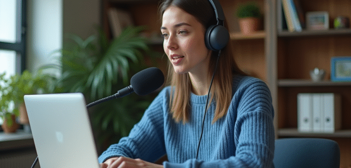 Jeune femme parlant dans un micro en home office