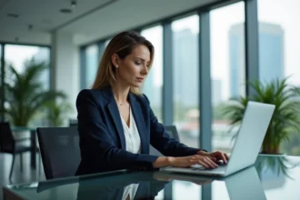 Femme d'affaires en bureau moderne regardant un écran d'ordinateur