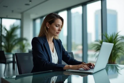 Femme d'affaires en bureau moderne regardant un écran d'ordinateur