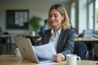 Femme professionnelle vérifiant un guide MEL Ouvert Rennes