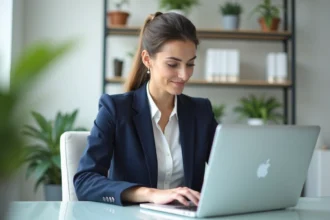 Femme professionnelle en bureau avec ordinateur pour hébergement web