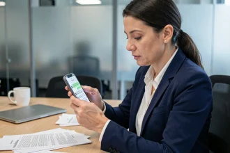 Femme professionnelle consultant des SMS sur iPhone dans un bureau juridique pour récupérer des messages importants