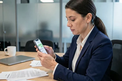 Femme professionnelle consultant des SMS sur iPhone dans un bureau juridique pour récupérer des messages importants