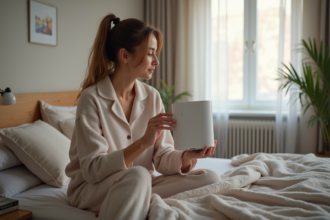 Femme dans sa chambre coupe le WiFi avec un routeur