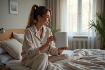 Femme dans sa chambre coupe le WiFi avec un routeur