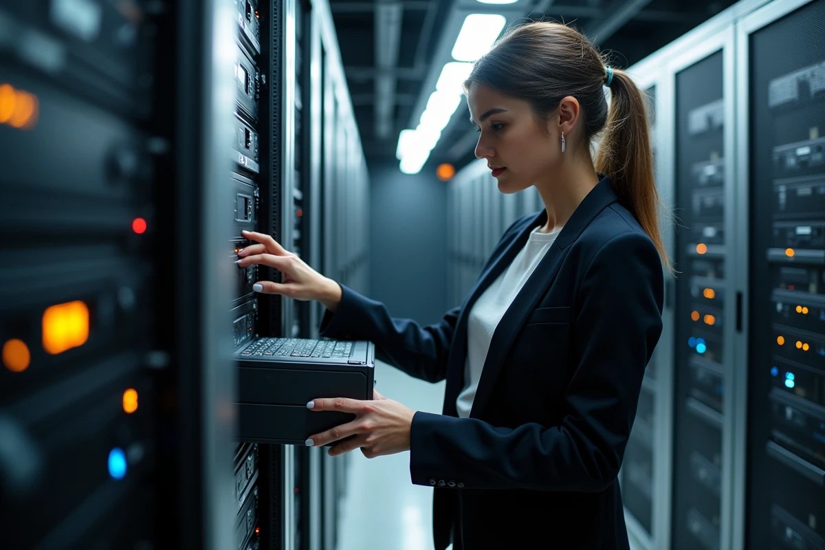Jeune femme organisant des disques de stockage dans un serveur