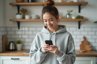 Jeune femme tenant un smartphone entrée de gamme dans une cuisine moderne, illustrant le meilleur rapport qualité prix téléphone 2026